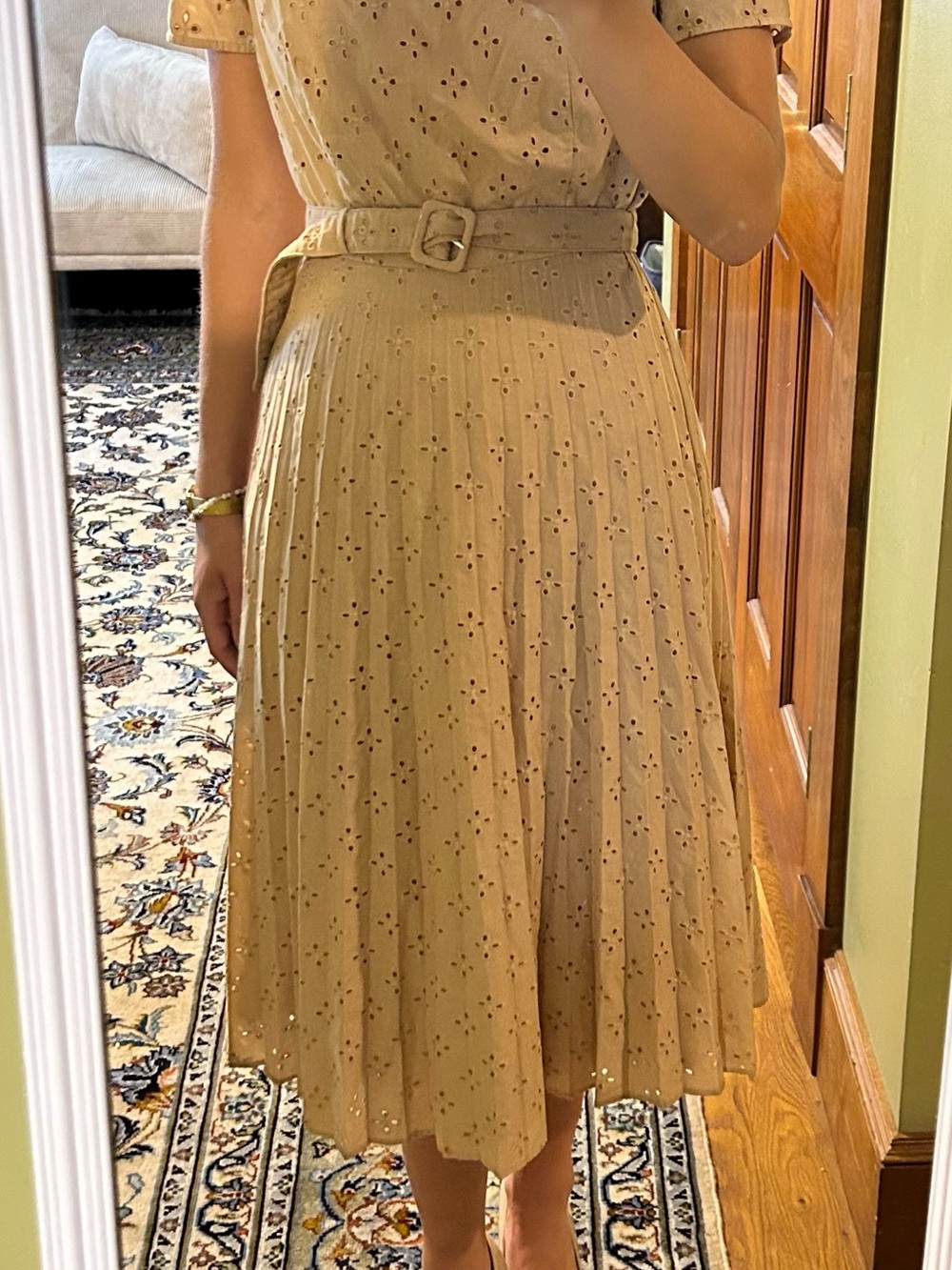 Ann Taylor Mustard Pleated Eyelet Midi Dress - Picture 6 of 10